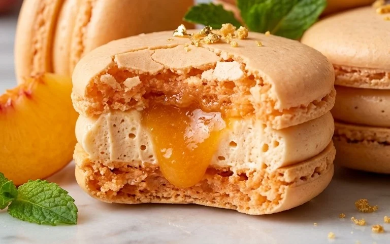 Peach Macarons with Peach Italian Meringue Buttercream and Peach Puree Center
